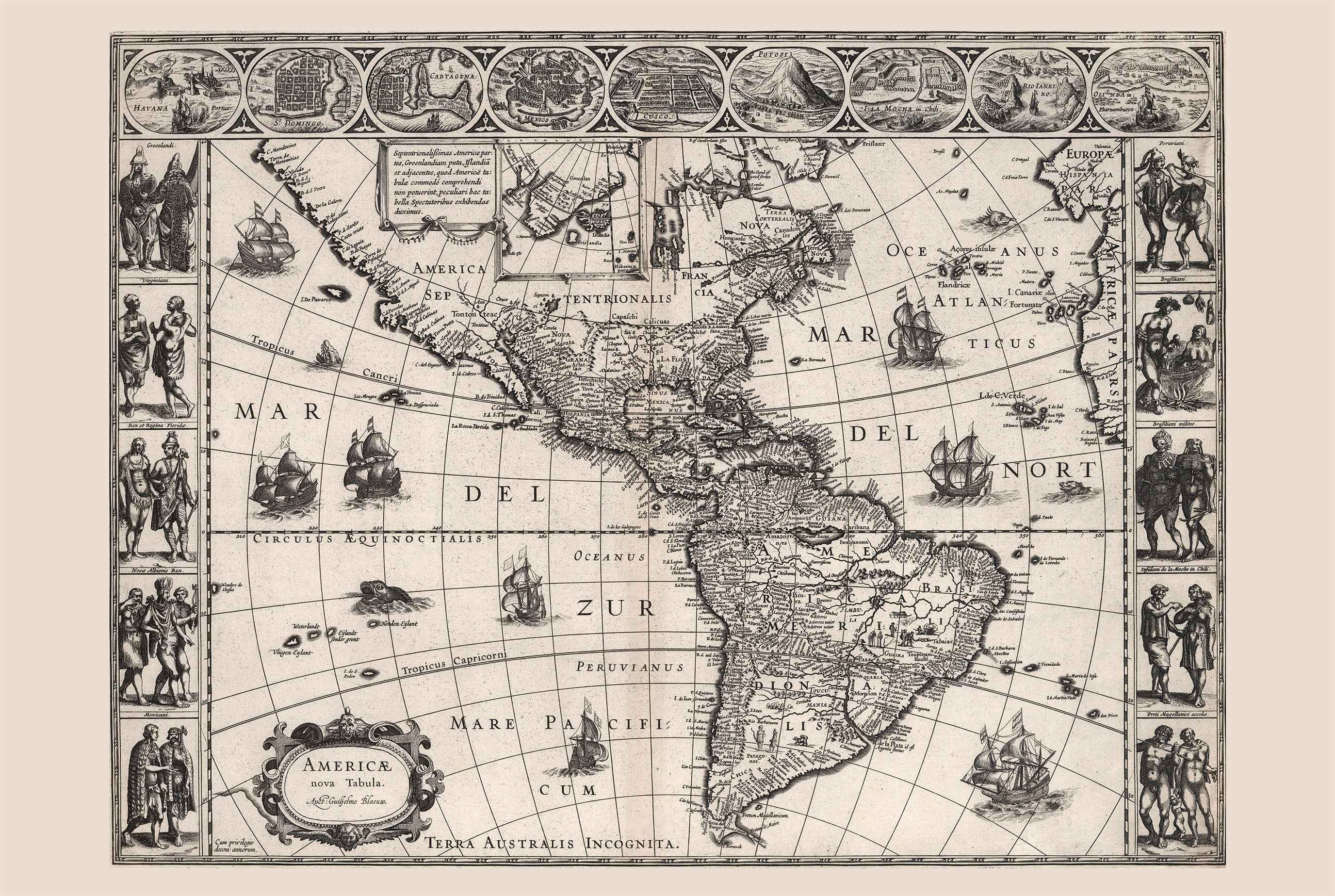 1630 Americas Map Poster - Americae Nova Tabula with Key Cities and Cultural Attire - Strategy Maps